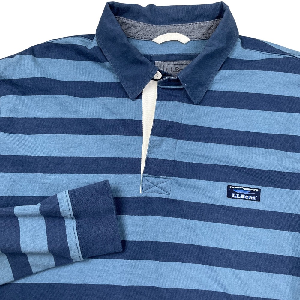 LL Bean Rugby Shirt Mens XL Reg Blue Stripe Preppy Long Sleeve Striped Cotton